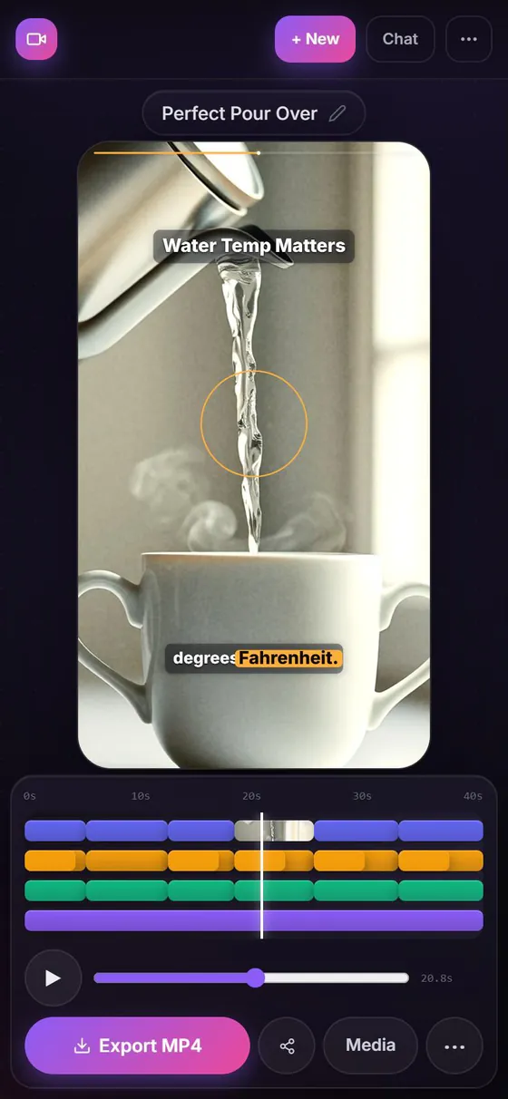 AI Video Generator on a phone: a finished vertical how-to video about pour-over coffee, with a title, word-by-word subtitles and an Export MP4 button