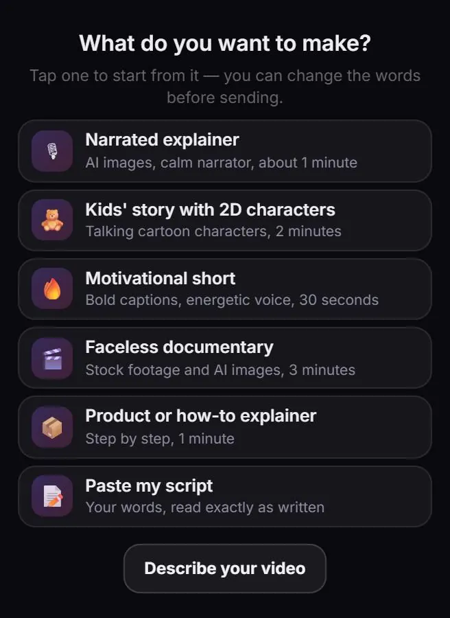 AI Video Generator start screen: pick a narrated explainer, a kids' story with 2D characters, a motivational short, a faceless documentary, a how-to, or paste your own script